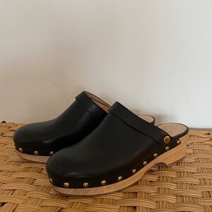 J. Crew Black Leather Mules with Gold Accents